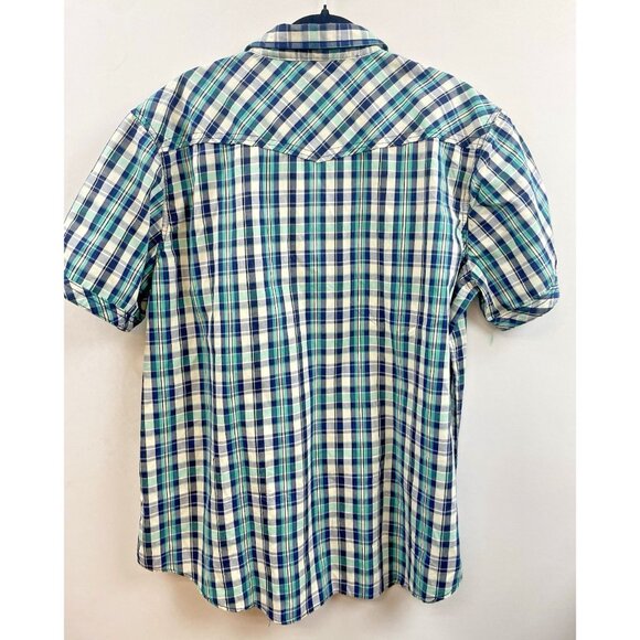 7 Diamonds Shirt Mens XXL Pearl Snap Short Sleeve Plaid Western Retro Green/Blue - Picture 10 of 15